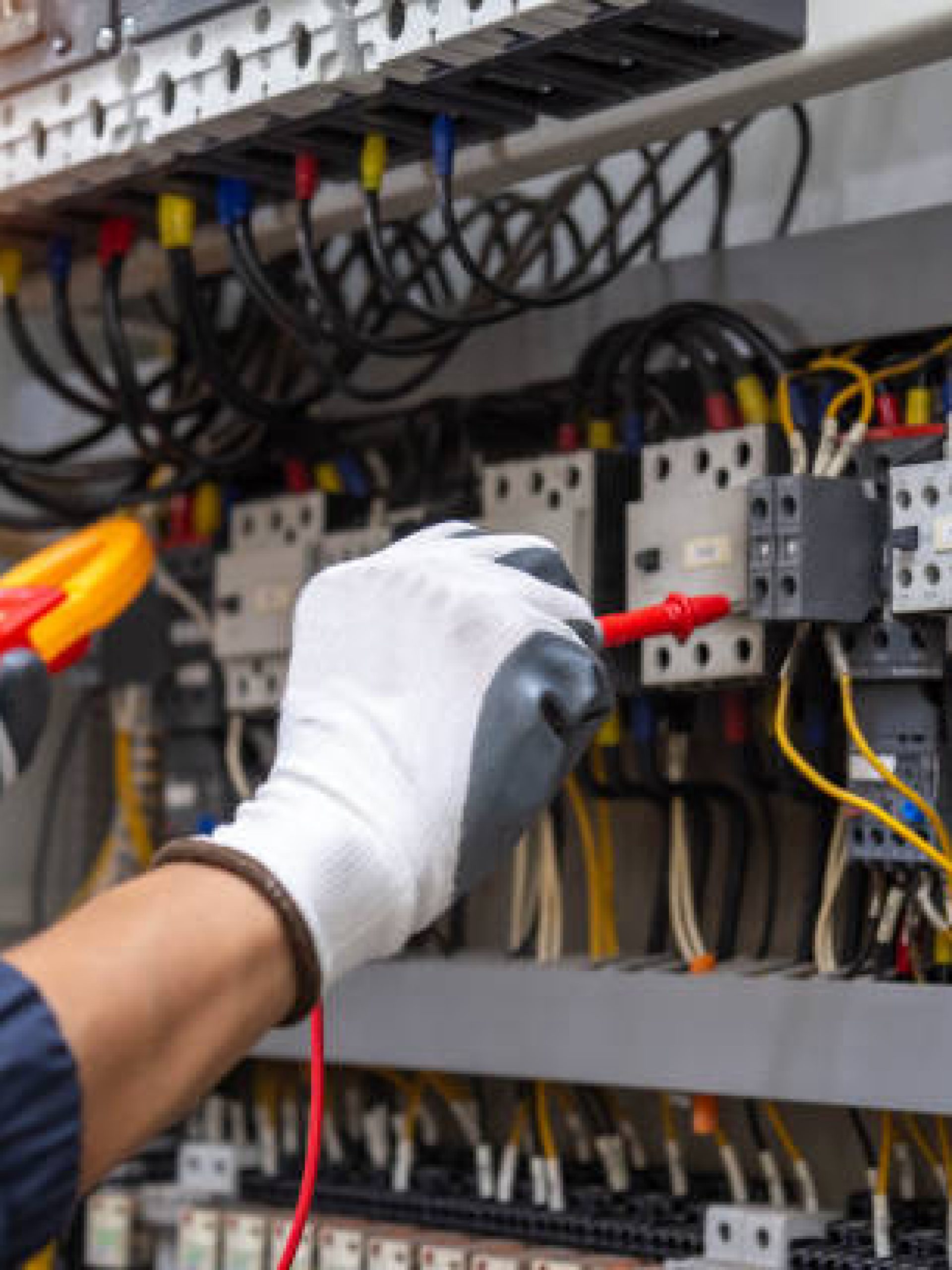 Checking the electrical system, an electrician is using an electric meter to check the electrical system at a control cabinet. for safety